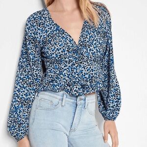 NWT Express Blue Leopard Print Blouse Twist Front Peplum Top Size Large